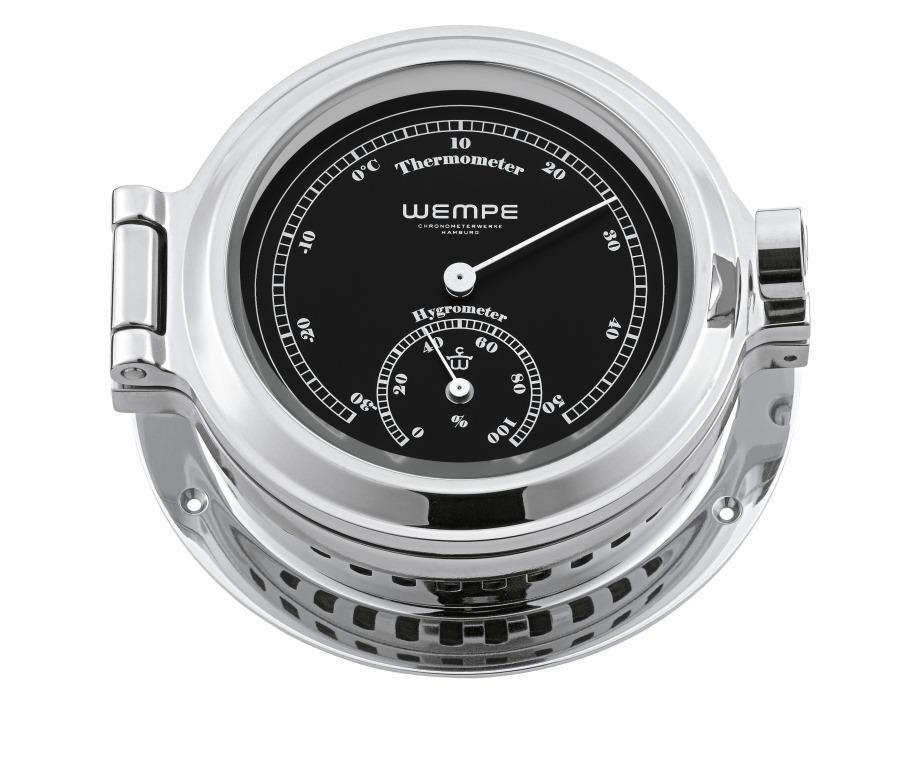 Thermo-/Hygrometer Nautik Verchroomd Messing Zwarte Wijzerplaat